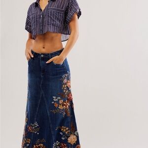 DRIFTWOOD Blue Denim Skirt with Multicolor Floral Embroidery